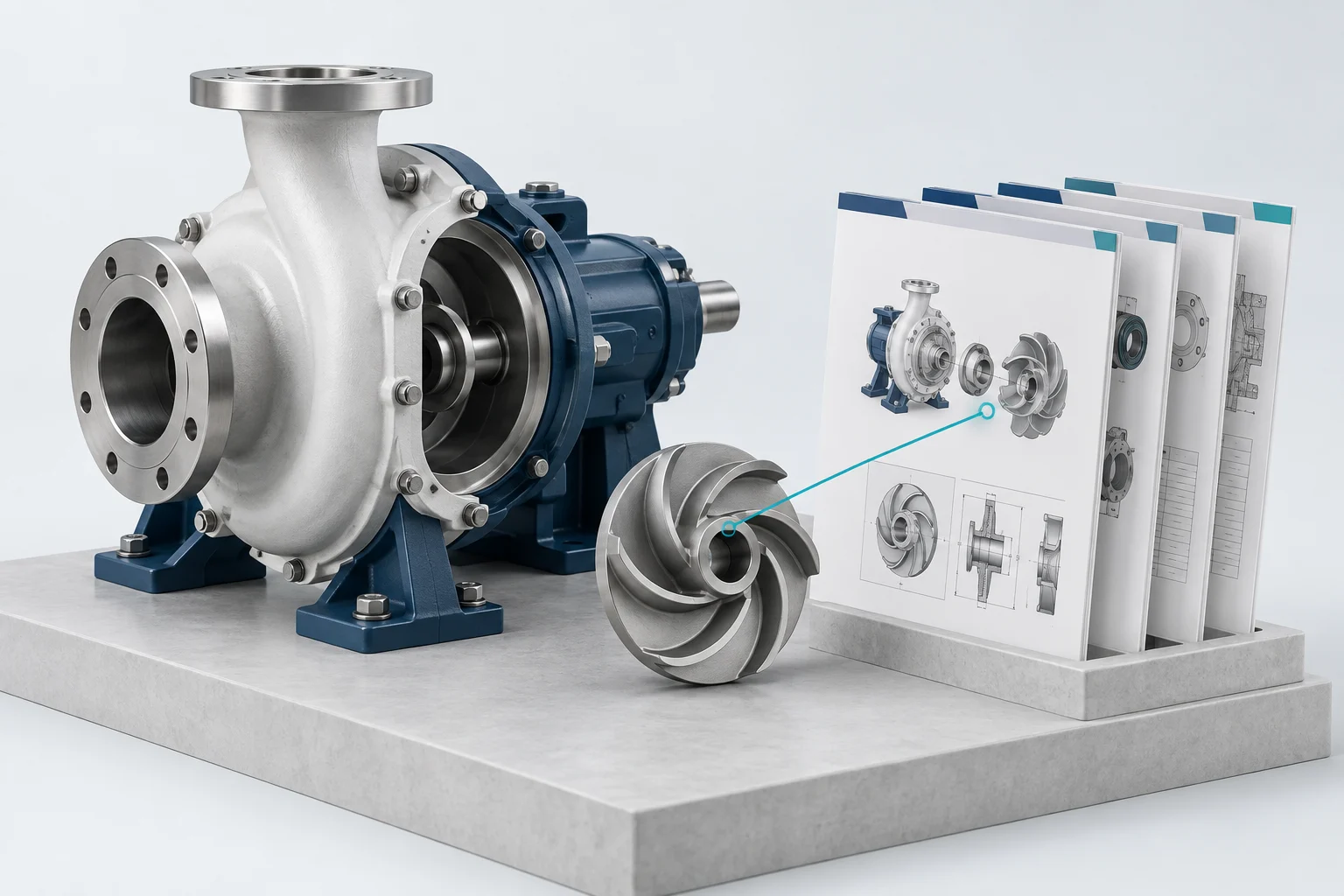 Illustration: Industriepumpe mit geordneten technischen Unterlagen.