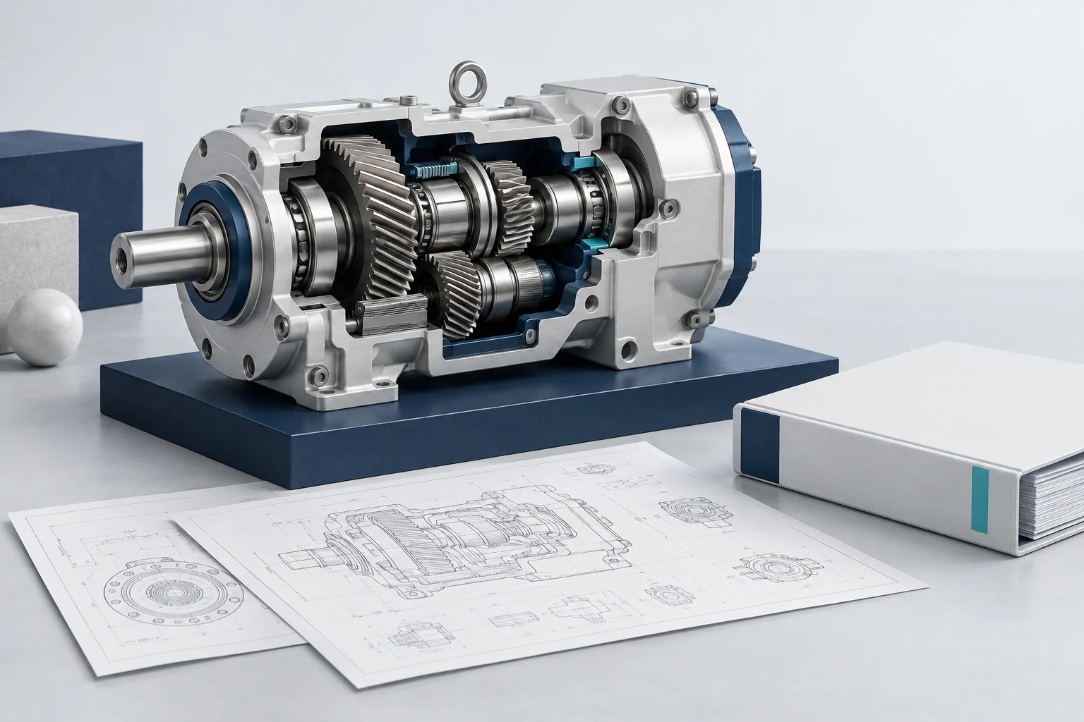 Industrielle Illustration eines Präzisionsgetriebes mit technischen Unterlagen